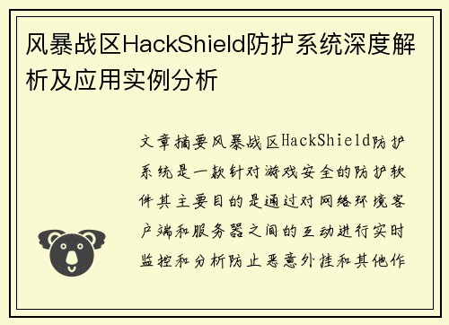 风暴战区HackShield防护系统深度解析及应用实例分析