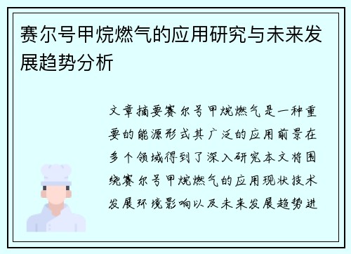 赛尔号甲烷燃气的应用研究与未来发展趋势分析 赛尔号甲烷燃气的应用研究与未来发展趋势分析